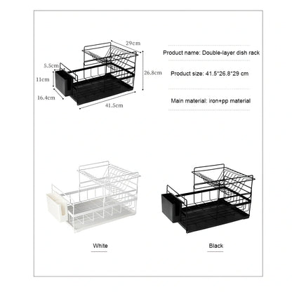 Black double-tier metal wire kitchen dish rack with removable upper layer and bottom drain tray