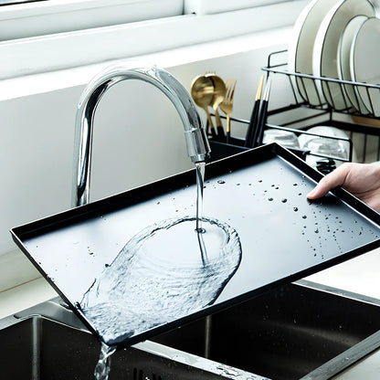 Black double-tier metal wire kitchen dish rack with removable upper layer and bottom drain tray