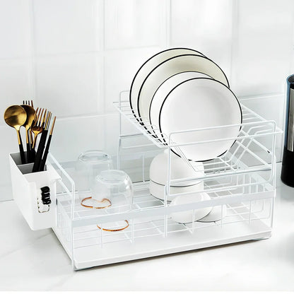 Black double-tier metal wire kitchen dish rack with removable upper layer and bottom drain tray