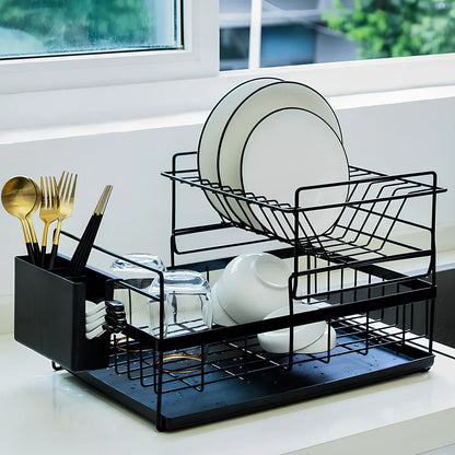 Black double-tier metal wire kitchen dish rack with removable upper layer and bottom drain tray