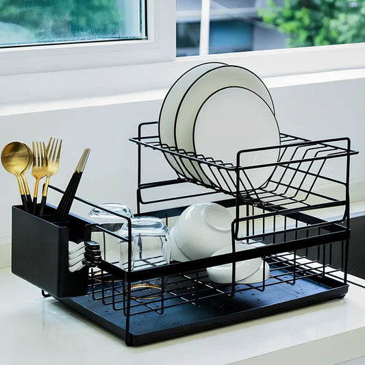 Black double-tier metal wire kitchen dish rack with removable upper layer and bottom drain tray