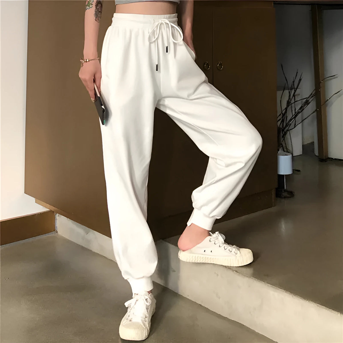 Belpearl women's high waist loose casual pants in black or white, sizes S and M, showing full length design