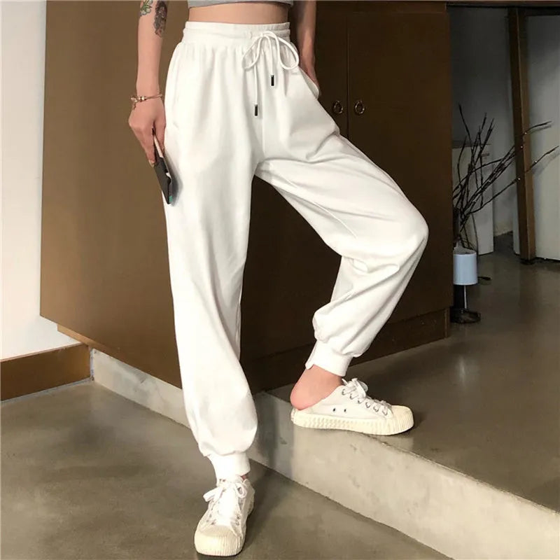 White Pants Loose Thin Waist Sports Pants High Waist Casual Pants Women's Health Pants Belpearl S M Black White Lightweight Trousers