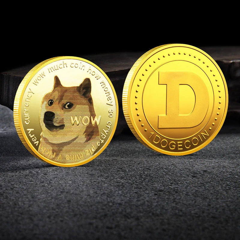 Gold-plated Dogecoin commemorative coin featuring the cute Dogecoin dog design, perfect for collectors and crypto enthusiasts.