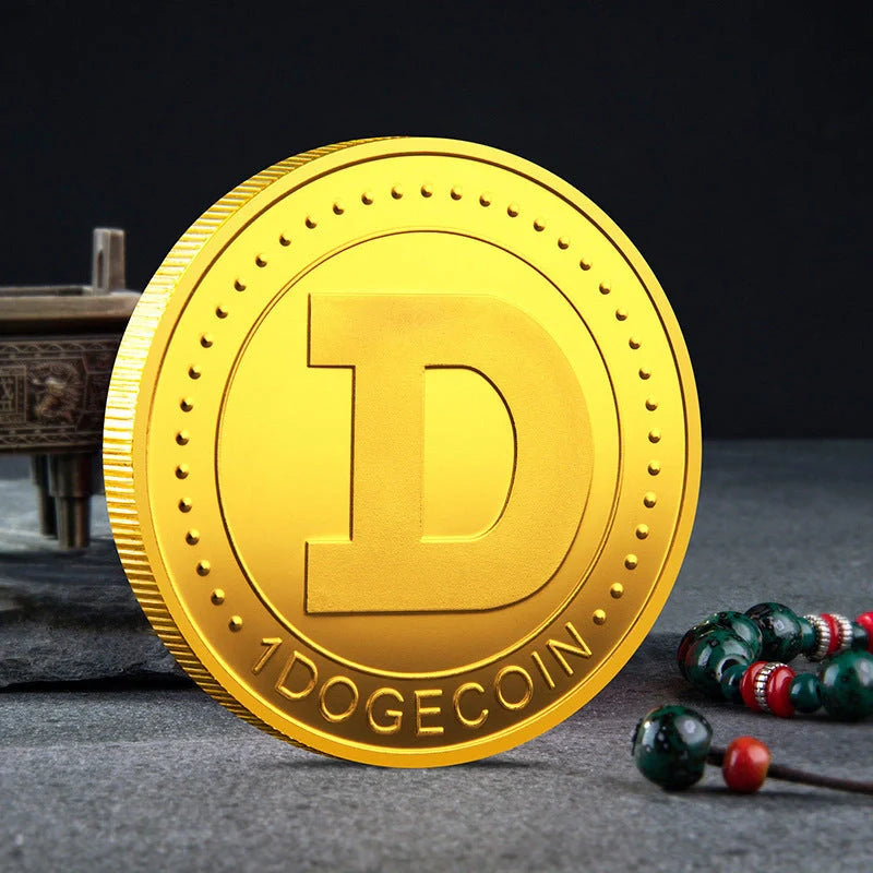 Gold-plated Dogecoin commemorative coin featuring the cute Dogecoin dog design, perfect for collectors and crypto enthusiasts.
