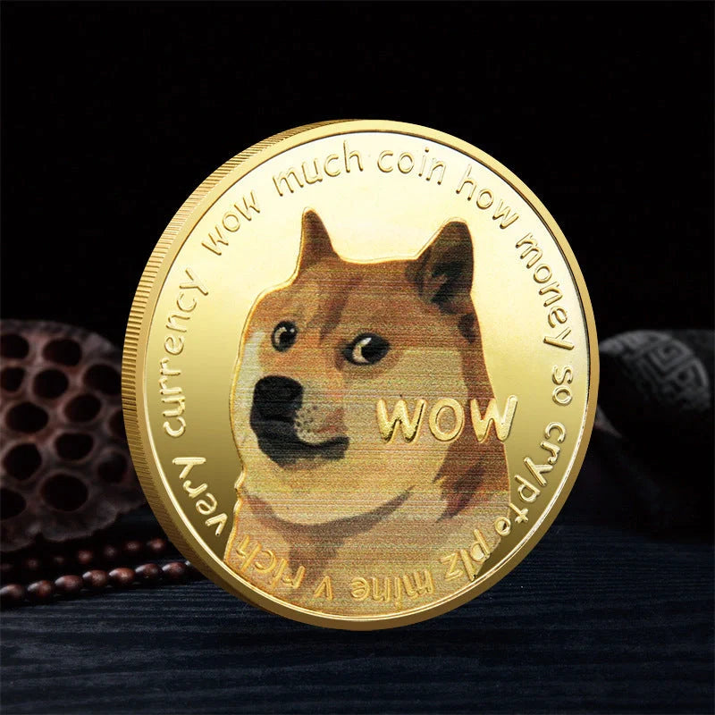 Gold-plated Dogecoin commemorative coin featuring the cute Dogecoin dog design, perfect for collectors and crypto enthusiasts.