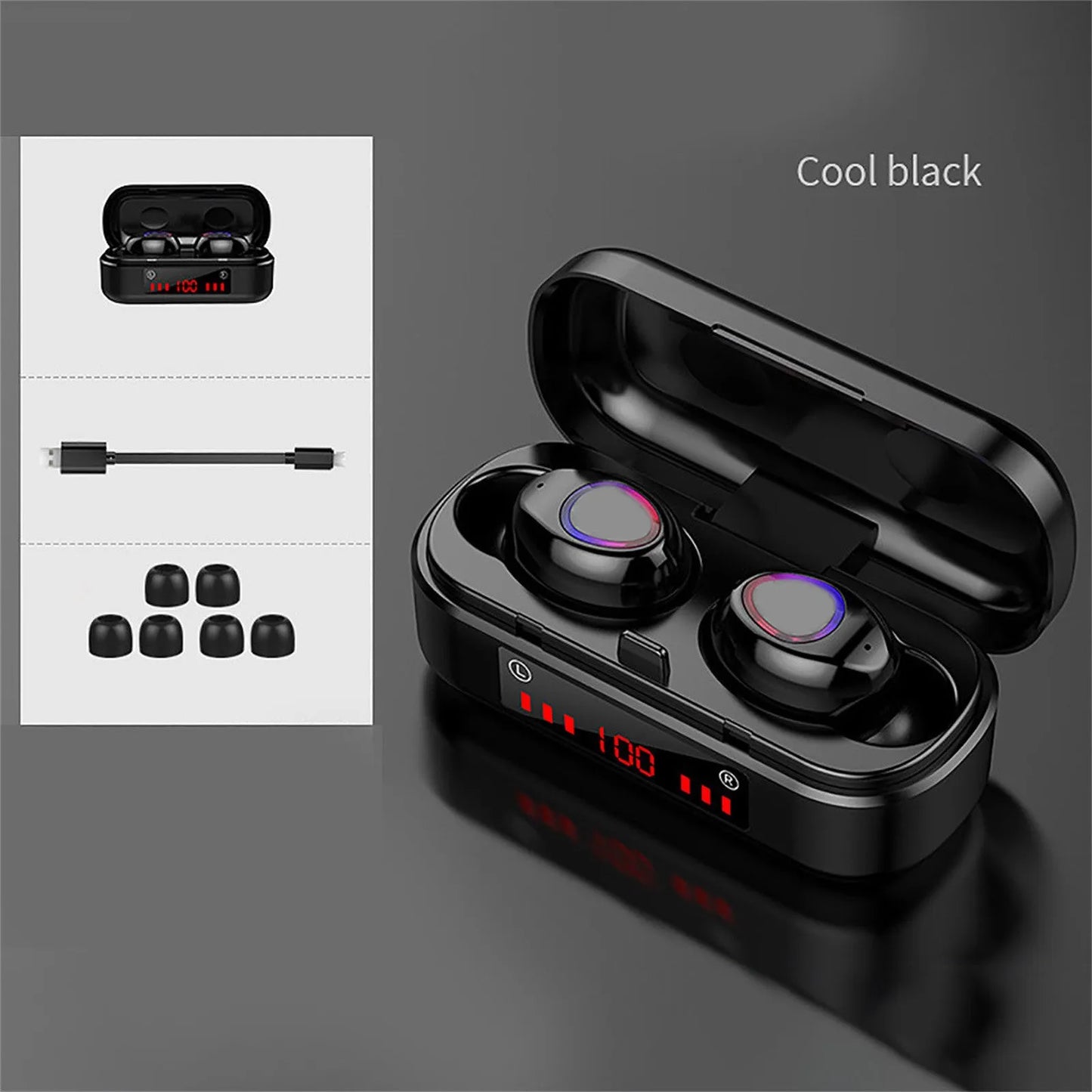 V7 LED button version wireless Bluetooth TWS earphones with charging case and three ear cap pairs
