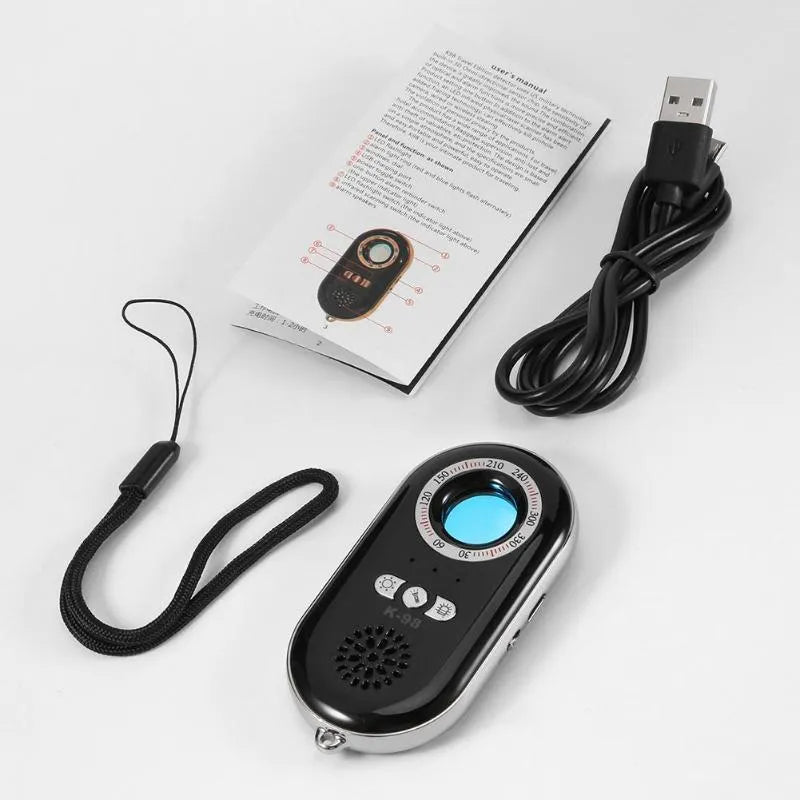 Wireless signal detector measuring 85x40x10mm with vibration alarm for travel security