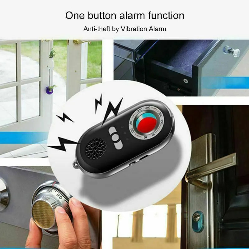 Wireless signal detector measuring 85x40x10mm with vibration alarm for travel security