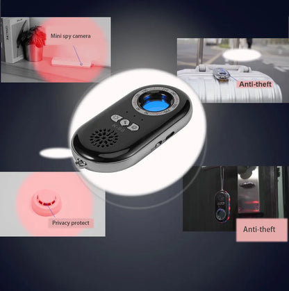 Wireless signal detector measuring 85x40x10mm with vibration alarm for travel security