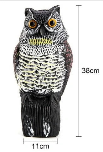 Lifelike owl decoy with 360-degree rotation for garden and farm pest control