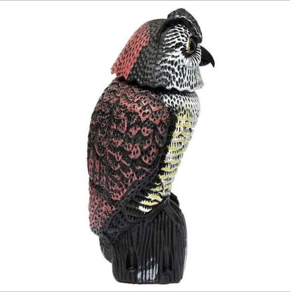 Lifelike owl decoy with 360-degree rotation for garden and farm pest control