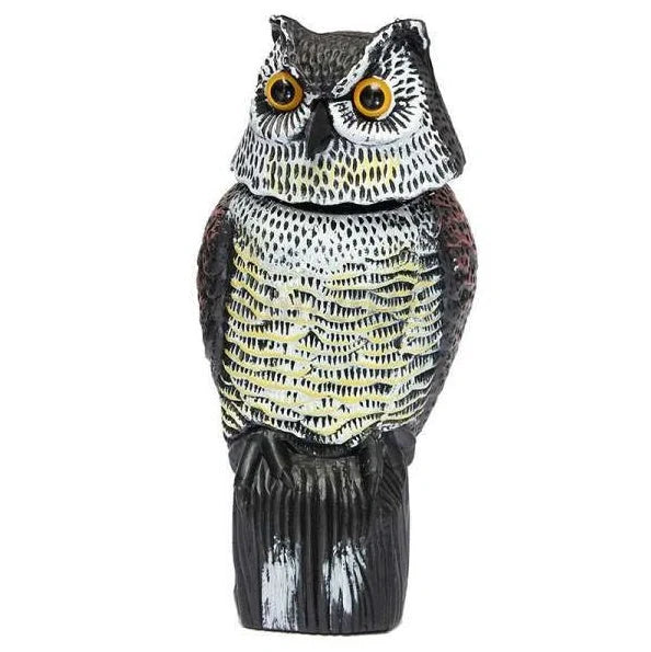 Lifelike owl decoy with 360-degree rotation for garden and farm pest control