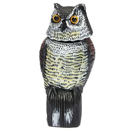 Lifelike owl decoy with 360-degree rotation for garden and farm pest control