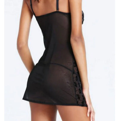 Black mesh lingerie set with rose pattern embroidery and sling skirt design showing stretch fabric detail