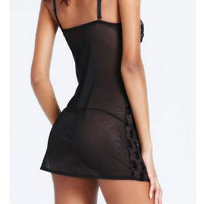 Black mesh lingerie set with rose pattern embroidery and sling skirt design showing stretch fabric detail