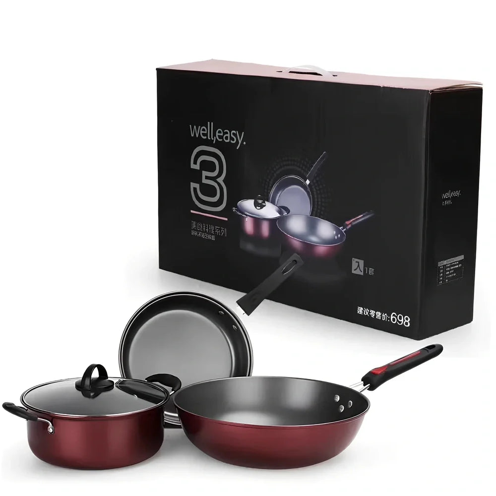 Hao Li three-piece cookware set with 30cm wok, 24cm frying pan, and 24cm soup pot in fine iron construction