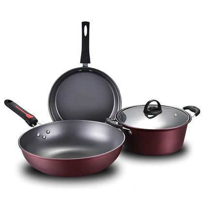 Hao Li three-piece cookware set with 30cm wok, 24cm frying pan, and 24cm soup pot in fine iron construction