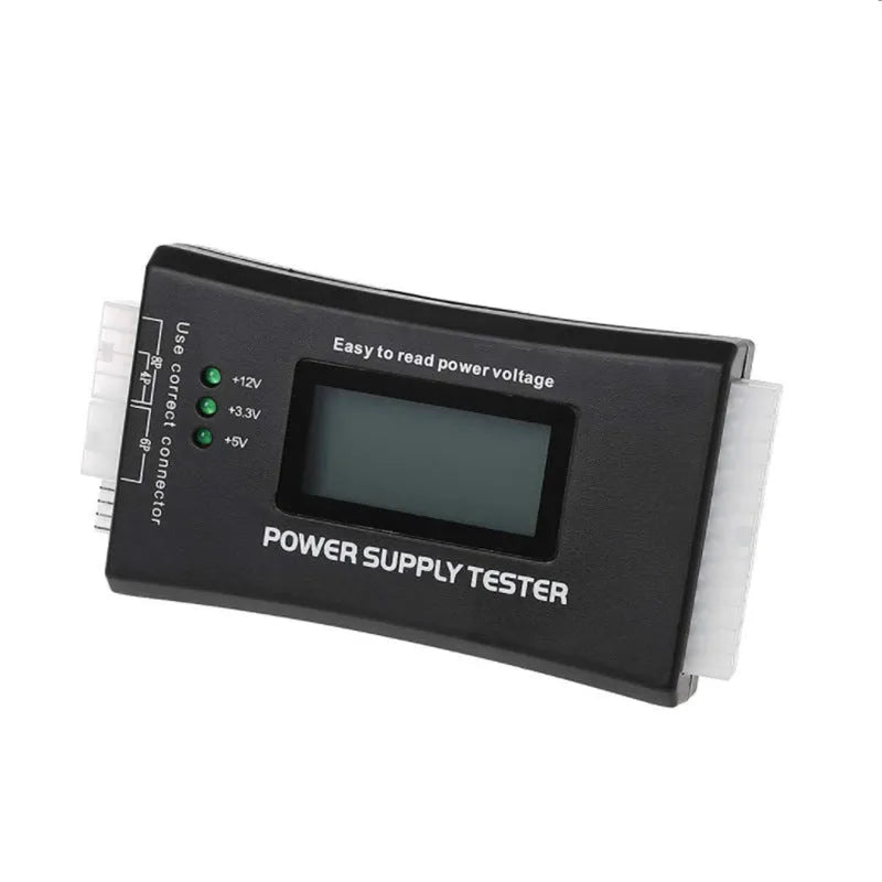 Black aluminium alloy chassis power supply tester with LCD, 126x64x18.5mm, supporting ATX and peripheral connectors
