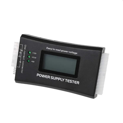 Black aluminium alloy chassis power supply tester with LCD, 126x64x18.5mm, supporting ATX and peripheral connectors