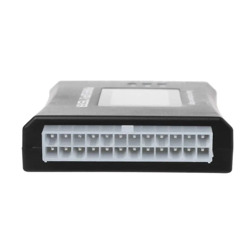 Black aluminium alloy chassis power supply tester with LCD, 126x64x18.5mm, supporting ATX and peripheral connectors