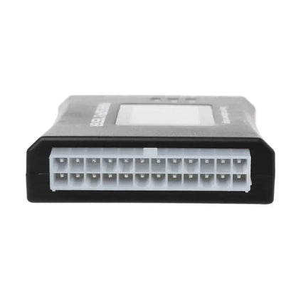 Black aluminium alloy chassis power supply tester with LCD, 126x64x18.5mm, supporting ATX and peripheral connectors
