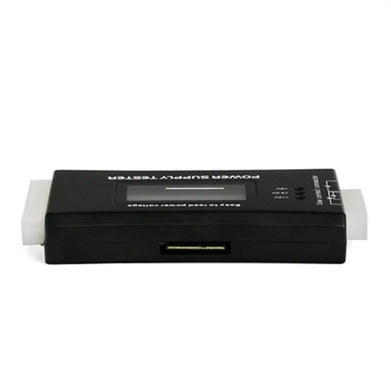 Black aluminium alloy chassis power supply tester with LCD, 126x64x18.5mm, supporting ATX and peripheral connectors