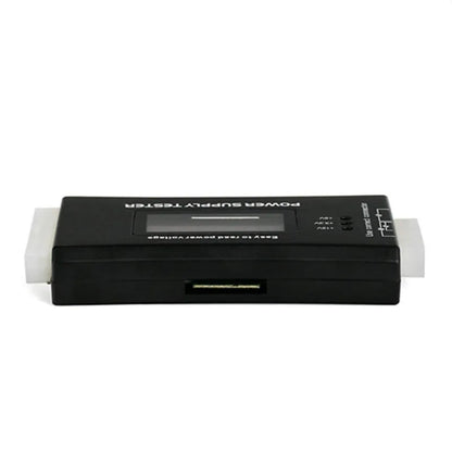 Black aluminium alloy chassis power supply tester with LCD, 126x64x18.5mm, supporting ATX and peripheral connectors