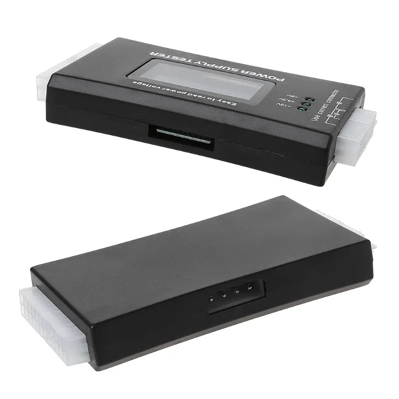 Black aluminium alloy chassis power supply tester with LCD, 126x64x18.5mm, supporting ATX and peripheral connectors