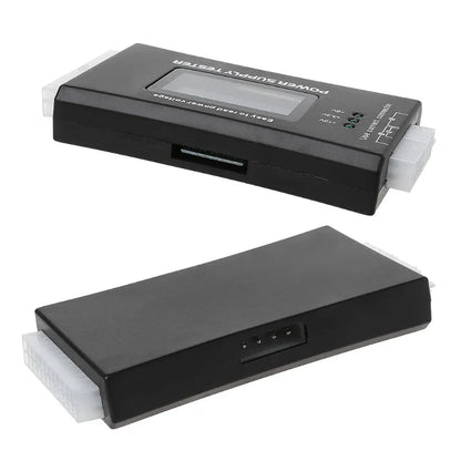 Black aluminium alloy chassis power supply tester with LCD, 126x64x18.5mm, supporting ATX and peripheral connectors