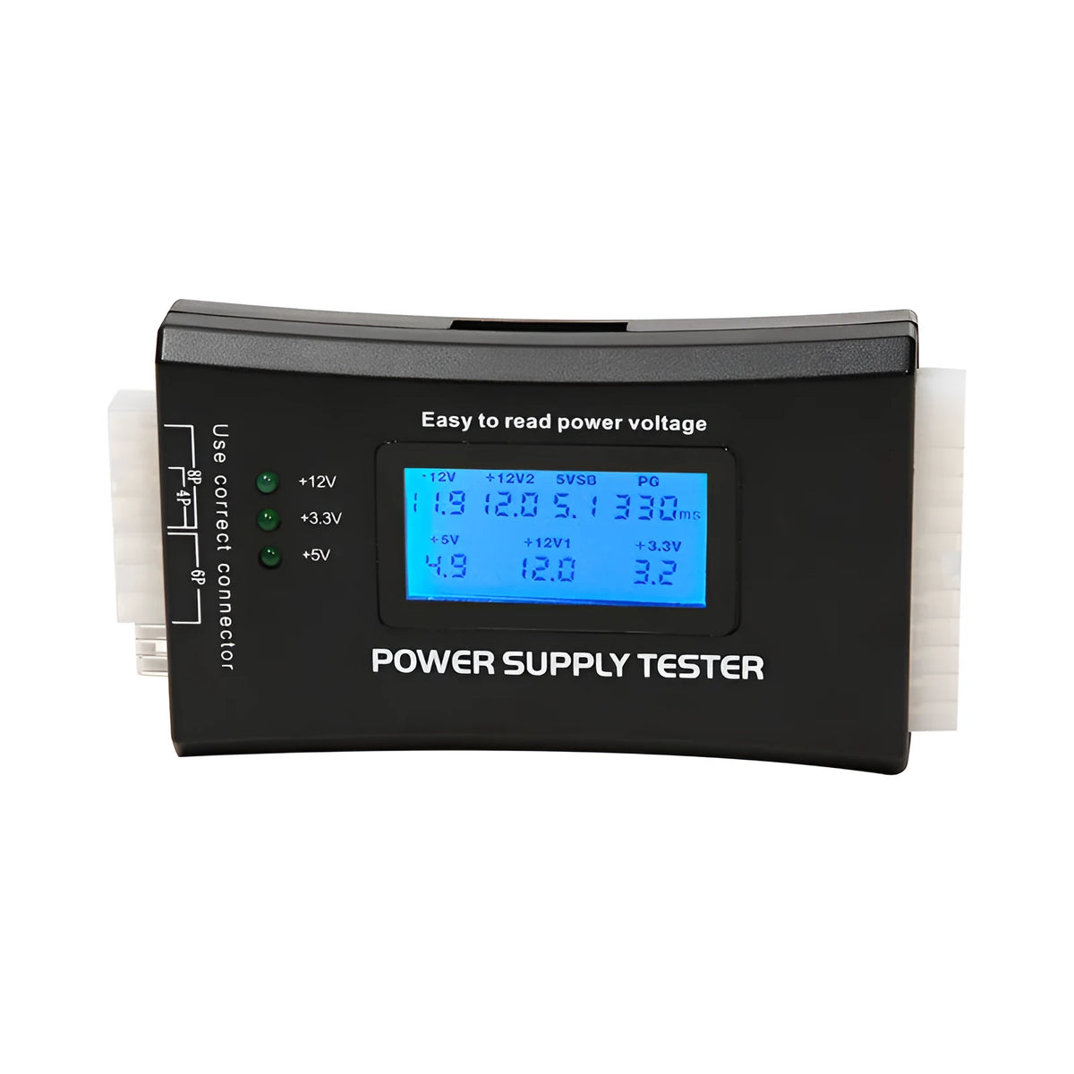 Black aluminium alloy chassis power supply tester with LCD, 126x64x18.5mm, supporting ATX and peripheral connectors