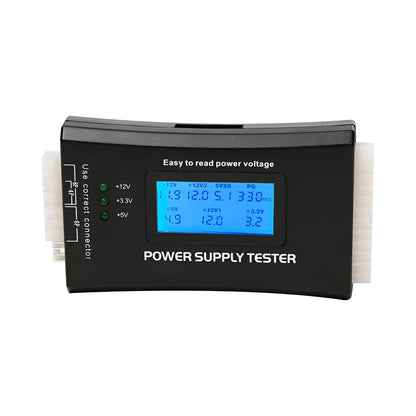 Black aluminium alloy chassis power supply tester with LCD, 126x64x18.5mm, supporting ATX and peripheral connectors