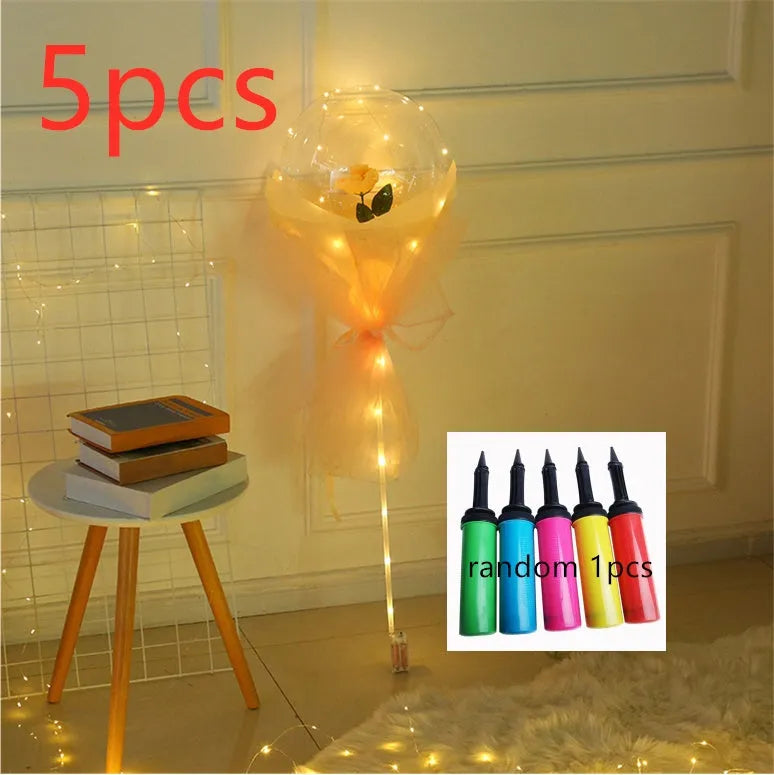 Transparent LED luminous balloon rose bouquet with artificial flowers and illuminated lights