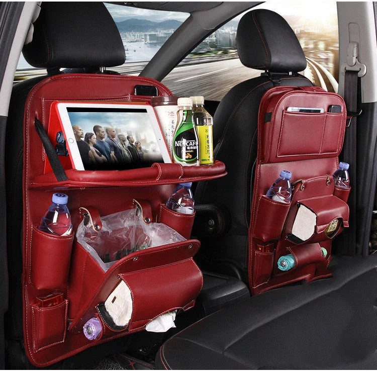 Multifunctional Car Seat Back Organizer with Trash Can - Premium PU Leather