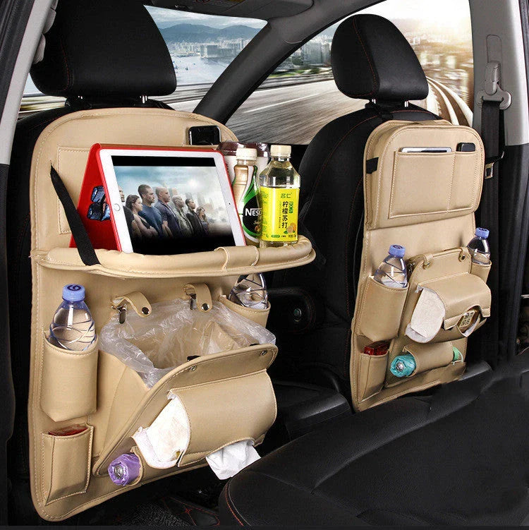 Multifunctional car seat back organizer with trash can, made of premium PU leather and featuring multiple storage compartments