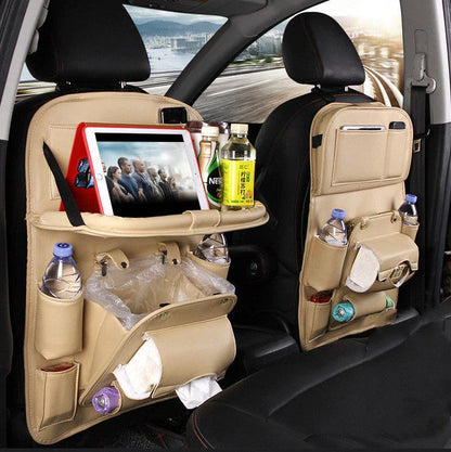 Multifunctional car seat back organizer with trash can, made of premium PU leather and featuring multiple storage compartments