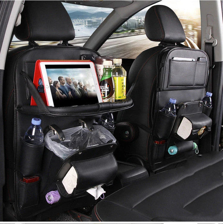 Multifunctional car seat back organizer with trash can, made of premium PU leather and featuring multiple storage compartments
