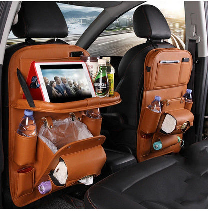 Multifunctional car seat back organizer with trash can, made of premium PU leather and featuring multiple storage compartments