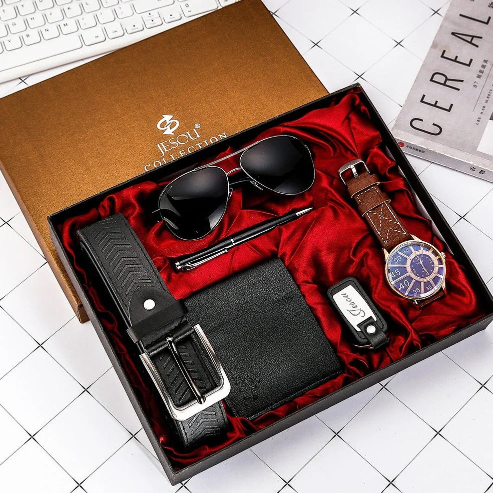 Men's quartz watch with 50mm dial, titanium alloy strap, and coordinating sunglasses, belt, wallet accessories