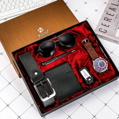 Men's quartz watch with 50mm dial, titanium alloy strap, and coordinating sunglasses, belt, wallet accessories
