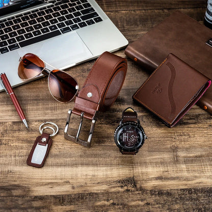 Men's quartz watch with 50mm dial, titanium alloy strap, and coordinating sunglasses, belt, wallet accessories