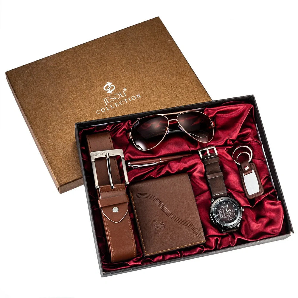 Men's quartz watch with 50mm dial, titanium alloy strap, and coordinating sunglasses, belt, wallet accessories