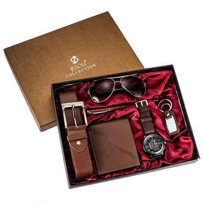 Men's quartz watch with 50mm dial, titanium alloy strap, and coordinating sunglasses, belt, wallet accessories