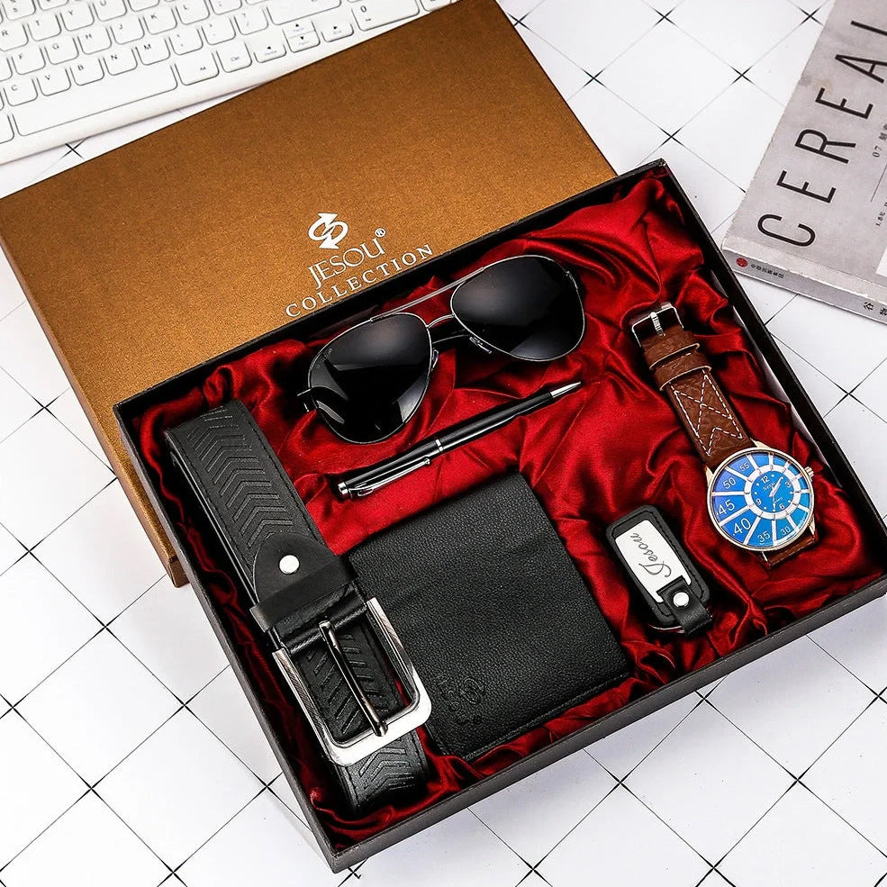 Men's quartz watch with 50mm dial, titanium alloy strap, and coordinating sunglasses, belt, wallet accessories