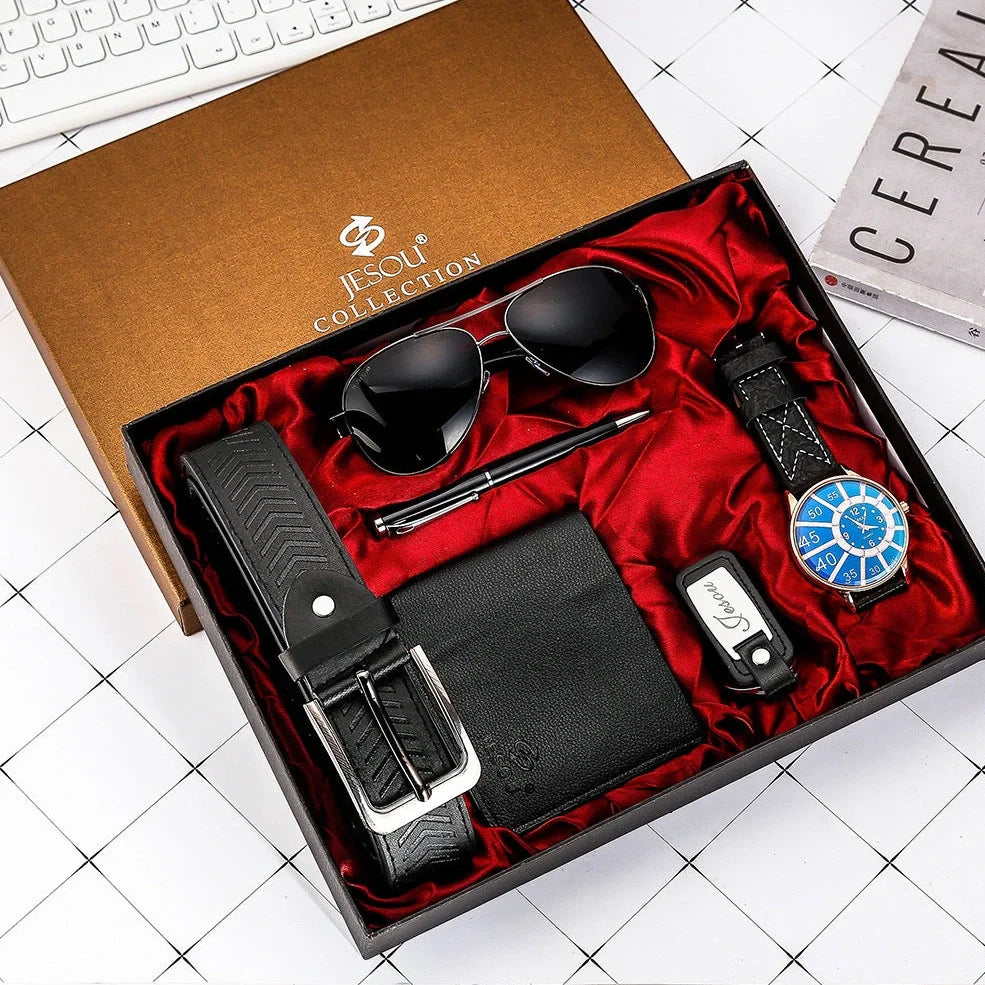 Men's quartz watch with 50mm dial, titanium alloy strap, and coordinating sunglasses, belt, wallet accessories