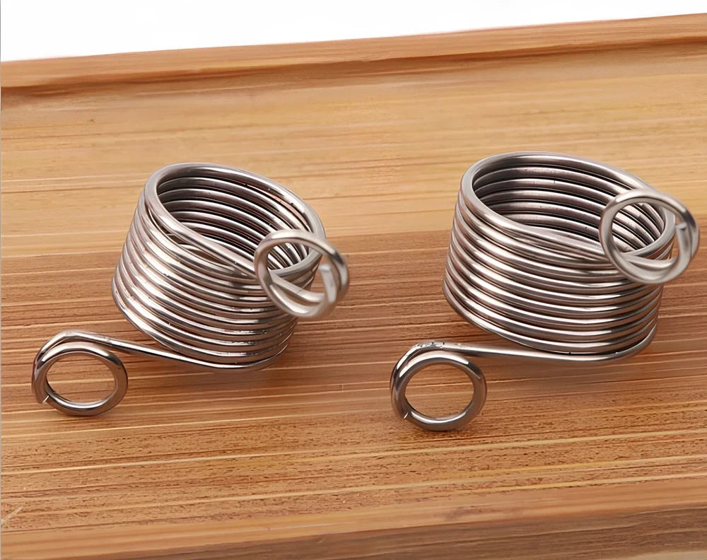 Knitting wire guide accessories showing 2cm and 1.5cm diameter sizes with lead wire components
