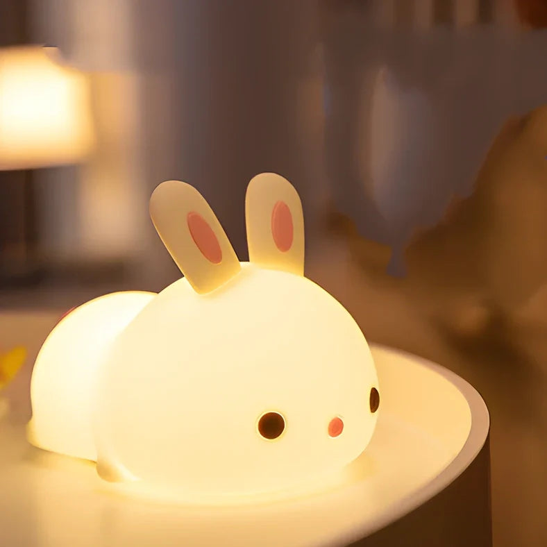 White rabbit silicone night light with touch control measuring 94x144x104mm