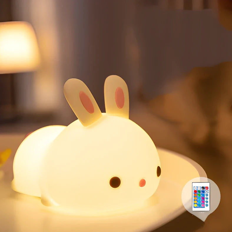 White rabbit silicone night light with touch control measuring 94x144x104mm