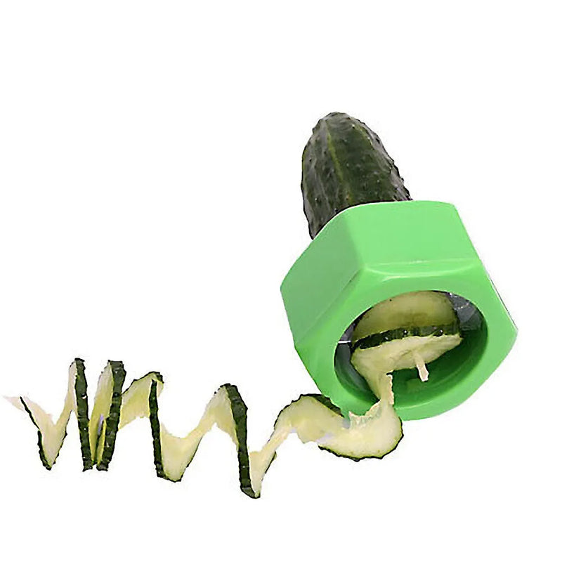Vegetable cutter kitchen gadget spiral knife cucumber slicer in green or yellow ABS plastic, an 8cm diameter 4cm high kitchen fixture with 5.3cm inner diameter, ideal for slicing cucumber spirals and vegetables as a home kitchen tool.