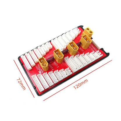 V2 parallel charge board with red PCB, gold-plated connectors, and silicone caps for charging multiple lithium batteries